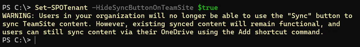 Hide Sync Button PowerShell Warning