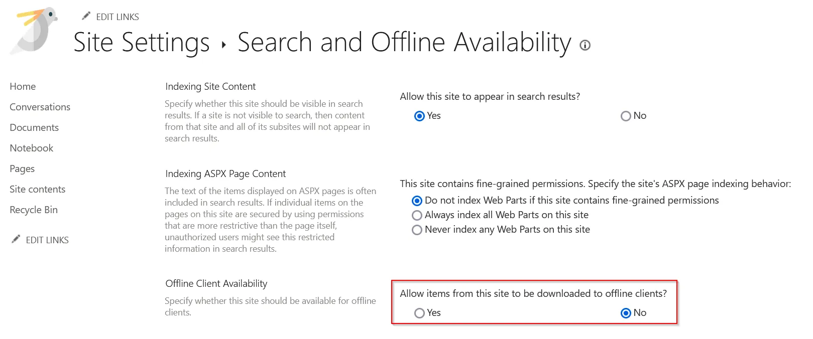 Offline Client Availability Site Settings